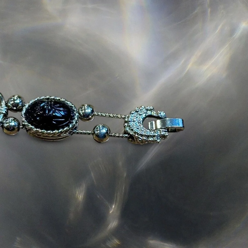 Vintage Silver-Tone Black Cabochon Scarab‎ Statement Bracelet